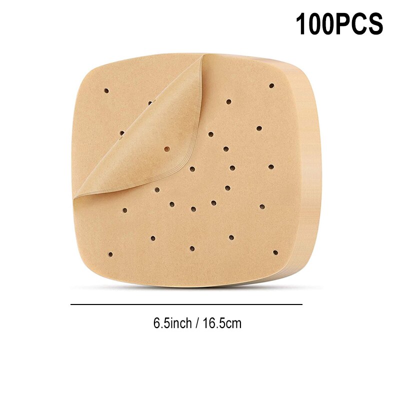 100 stk airfryer liners 6.5/7/7.5/8.5/9 tommer firkantet rund airfryer papir engangs bagepapir køkken non-stick dampmåtte: S 100 stk. -6.5 tommer