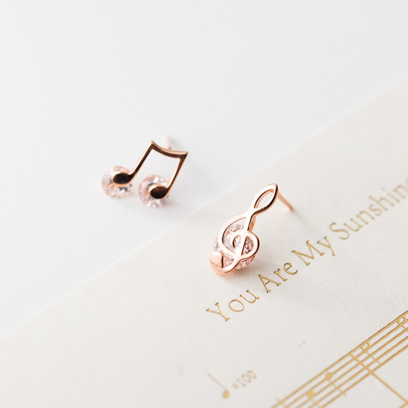 925 Sterling Silver Dainty Zircon Music Note Treble Clef Stud Earrings for Women Girls Music Lovers E0071: rose gold