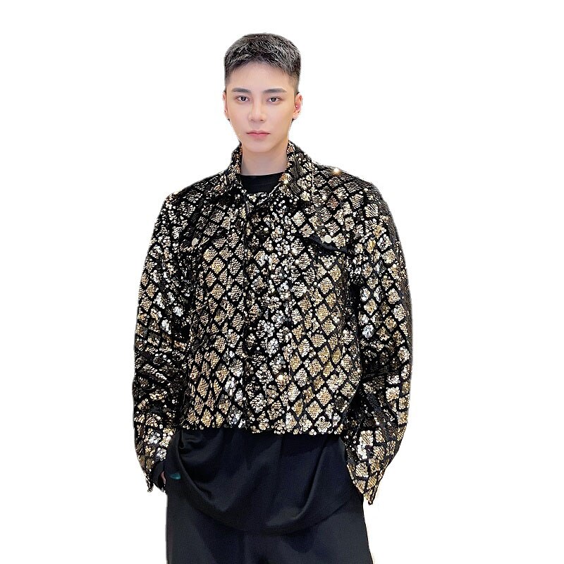 Man Korean Streetwear Vintage Casual Coat Top Men&#39;s Velvet Embroidered Sequins Short Jacket Stage Trend Show Clothing