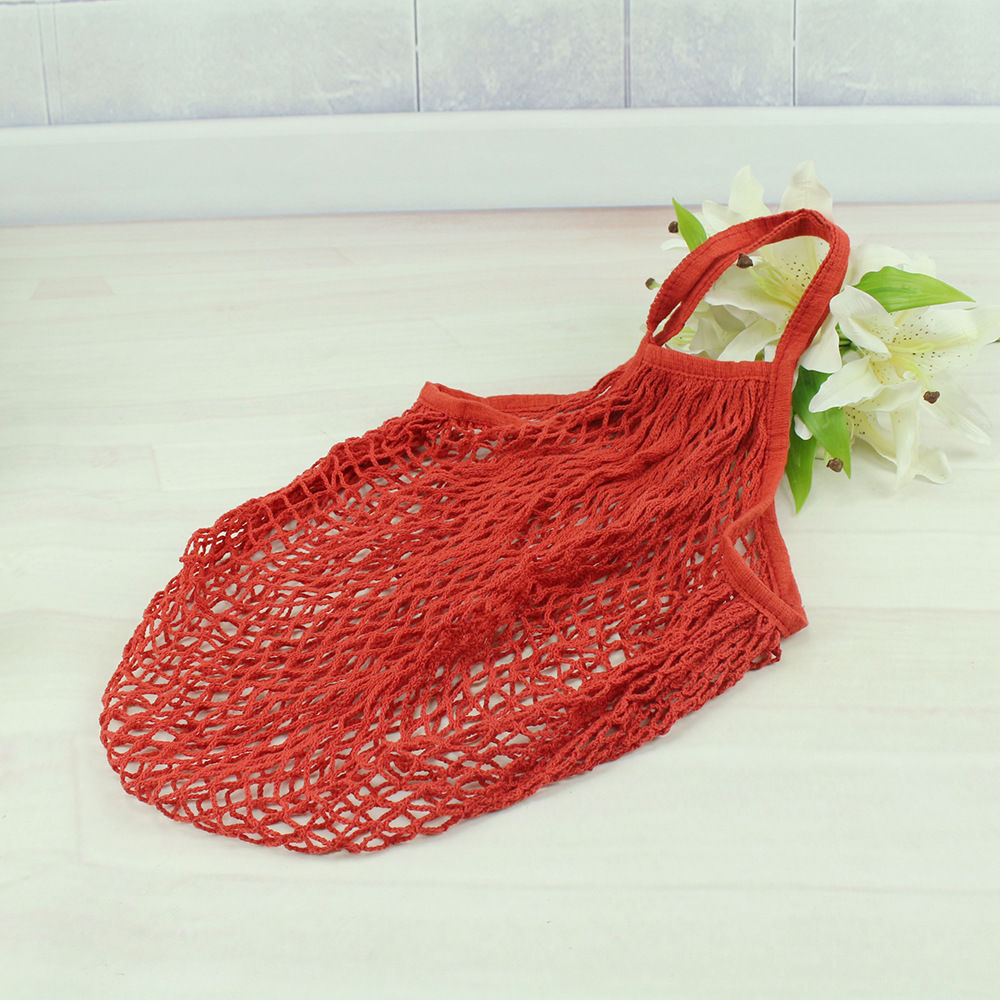 Reusable Fruit Shopping Bags String Grocery Shopper Cotton Tote Mesh Woven Net Bag: Red