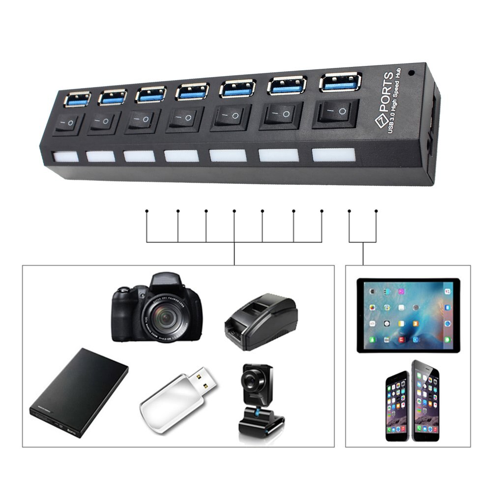 USB 3.0 Hub USB Hub 3.0 Multi USB Splitter 3 Hab Use Power Adapter 7 Port Multiple Expander USB3 Hub with Switch for PC US/EU