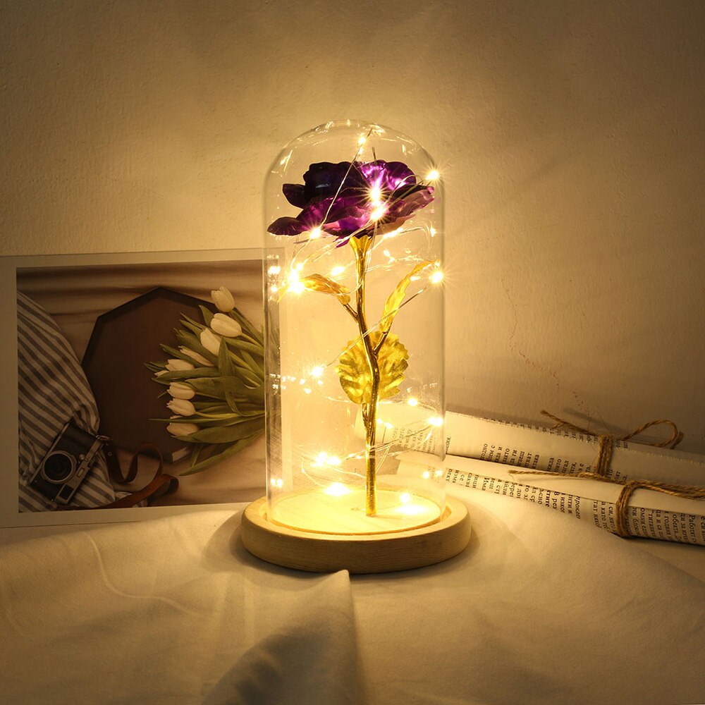 Fødselsdag smuk bevaret rose blomst led lys med glas cover træ base valentinsdag bryllup