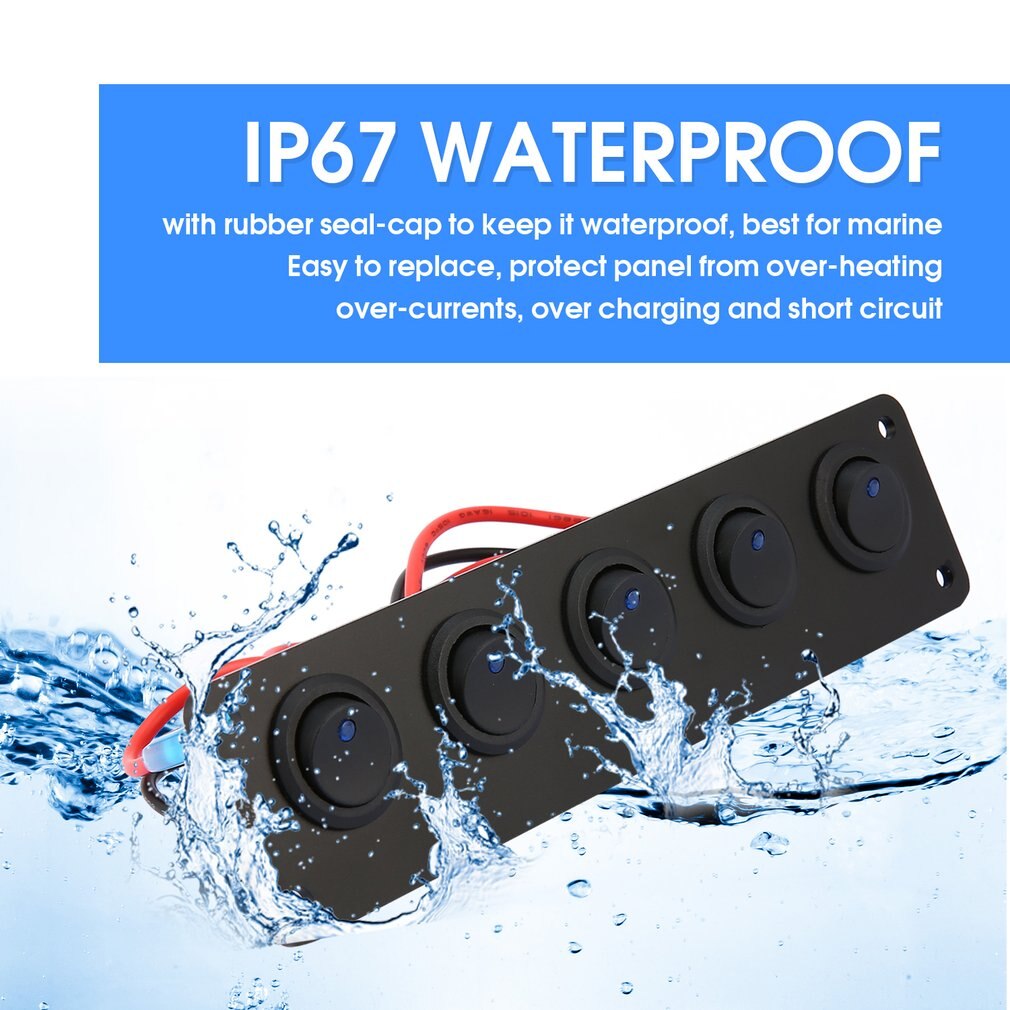 5 Gang Car Rocker Switch Panel 12V Outlet Combination Waterproof for Car Marine Ship LED Toggle Rocker Switch Panel