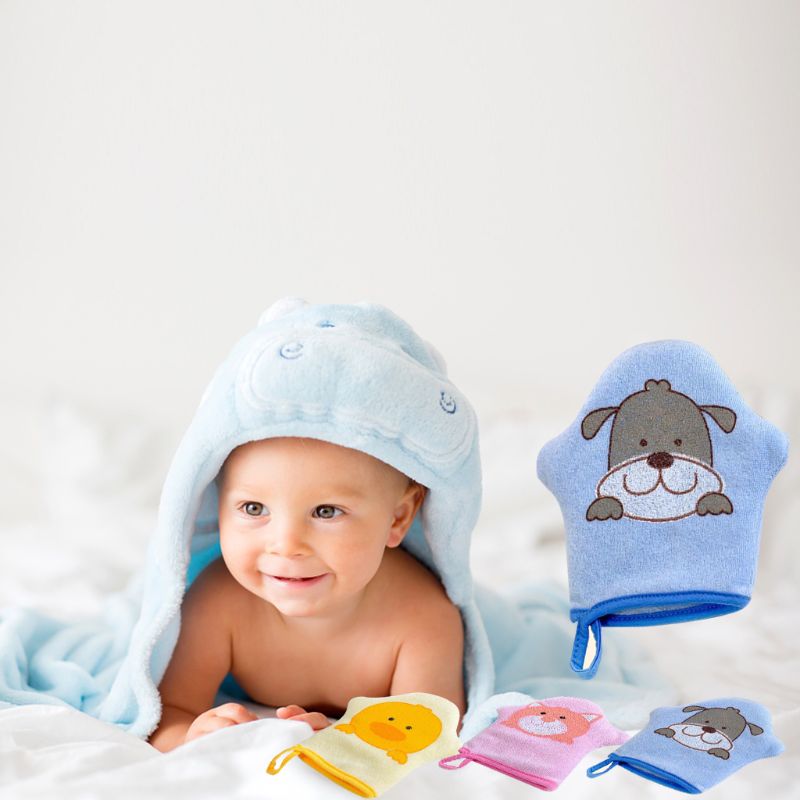 Guante de algodón supersuave con dibujos animados para bebé, cepillo para ducha de baño, estampado de animales, esponja para frotar, Bola de toalla