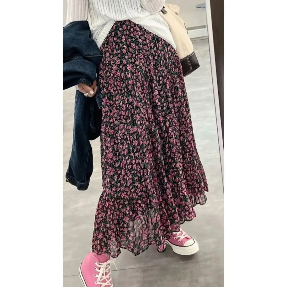 Koreansk dongdaemun blomstertrykk elastisk midje drapert skjørt dame a-linje midi skjørt vårsesongen slankende elegant