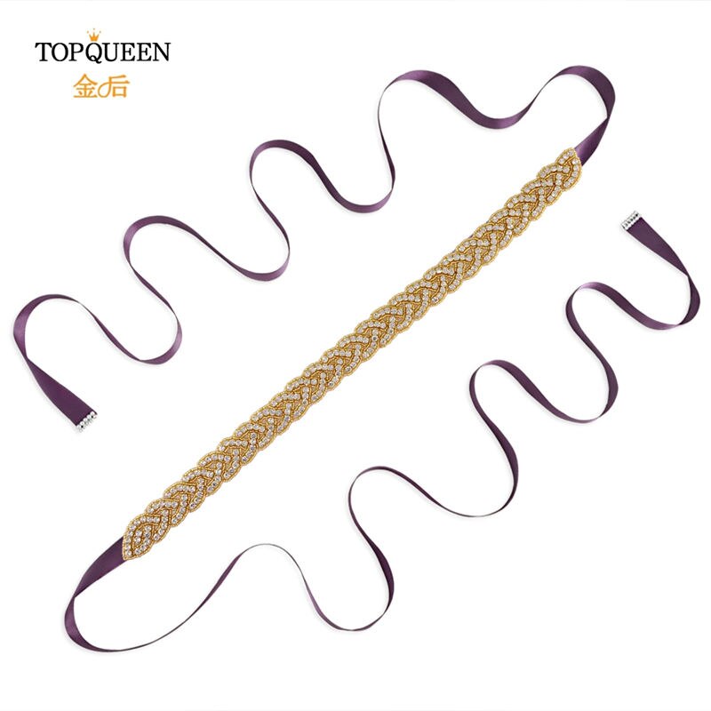 Topqueen  s216- g guld midjebälte fancy strass skärp guldpärlor brudbälte guld bälte för kvinnor bälten bröllop skärp bröllop: Lila