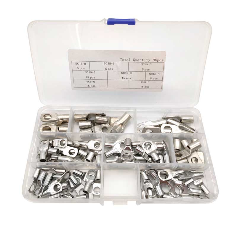80Pcs Copper Cable Lug Kit Bolt Hole Tinned Cable lugs Battery Terminals copper nose Wire connector SC Ring Terminal Connectors