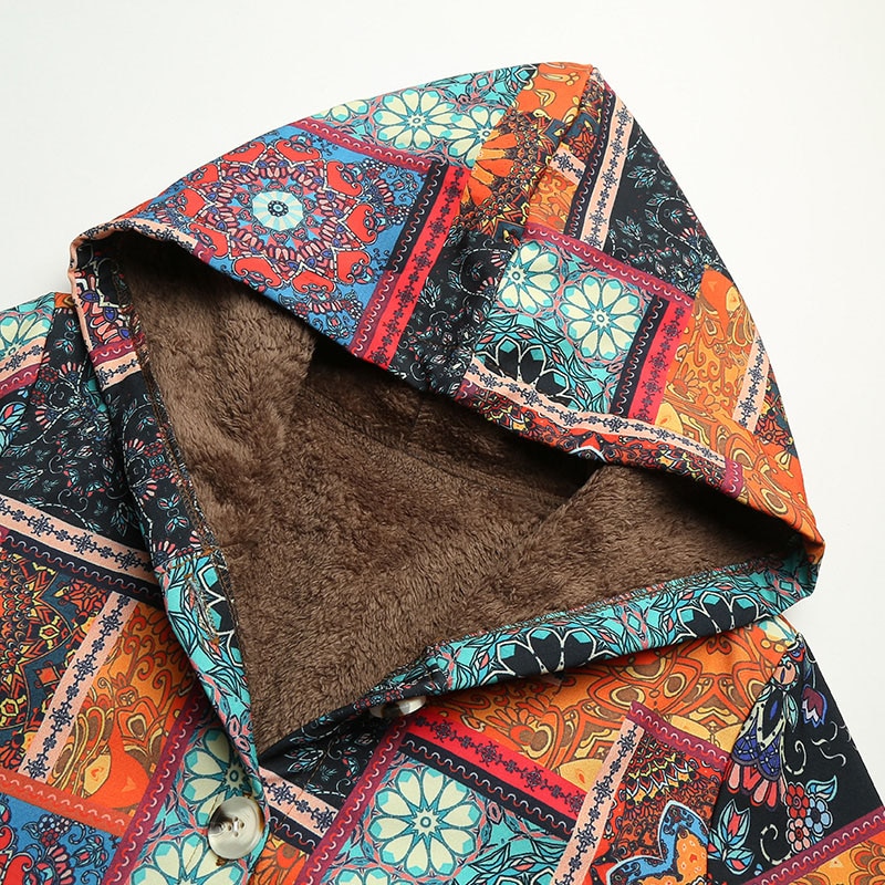 5xl plus size parkaer kvinner vintage løs hettefrakk med blomstertrykt fleeceknappet vinter varm parka langfrakk yttertøy