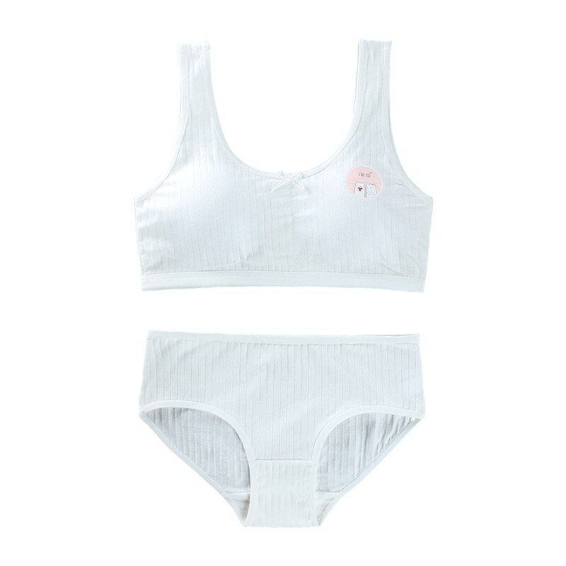 Teens Girls 2Pcs Underwear Set Cute Bear Print Bow Padded Training Bra Panties: White