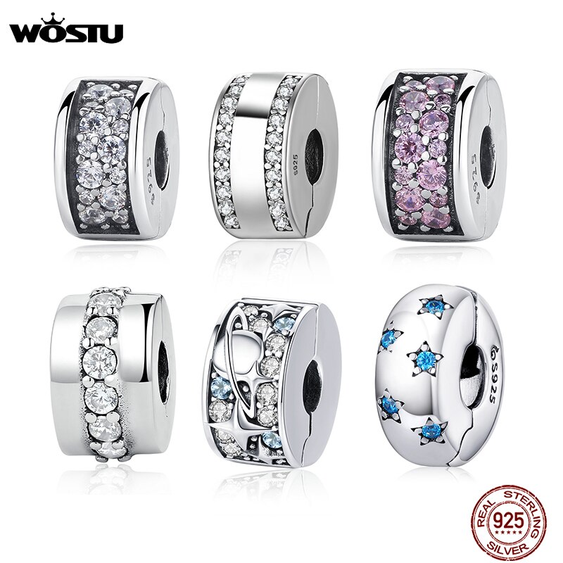 Echte 100% 925 Sterling Silver Shining Elegantie Clip Charm Met Clear Cz Fit Originele Wst Armband Hanger Authentieke Sieraden