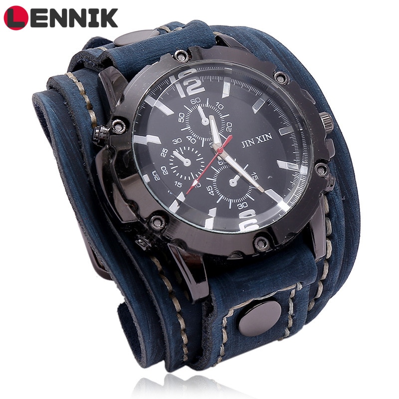 LENNIK Punk Wide Leather Bracelet Watches Black Brown Bangles