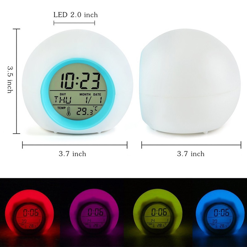 reloj despertador Calendario de 7 colores luz de fondo redonda para niños sonido Frontal alarma bola decoración Natural reloj Digital