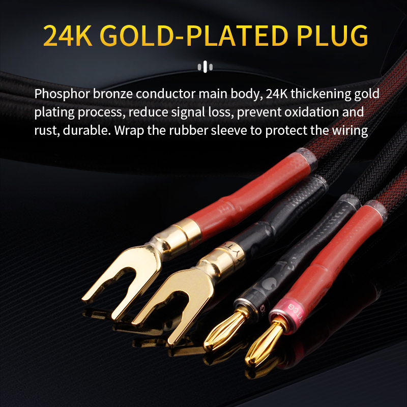 Ett par hifi høyttalerkabel høy-slutt lydforsterkerkabel høy renhet oksygenfri kobber med banan 24k gullplugg y-pluggkabel