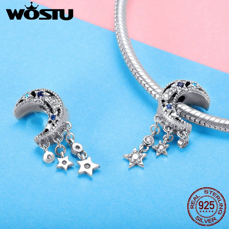 Wostu Real 925 Sterling Zilver Shimmering Midnight Moon & Stars Bead Charms Fit Originele Armband Ketting Sieraden CTC023