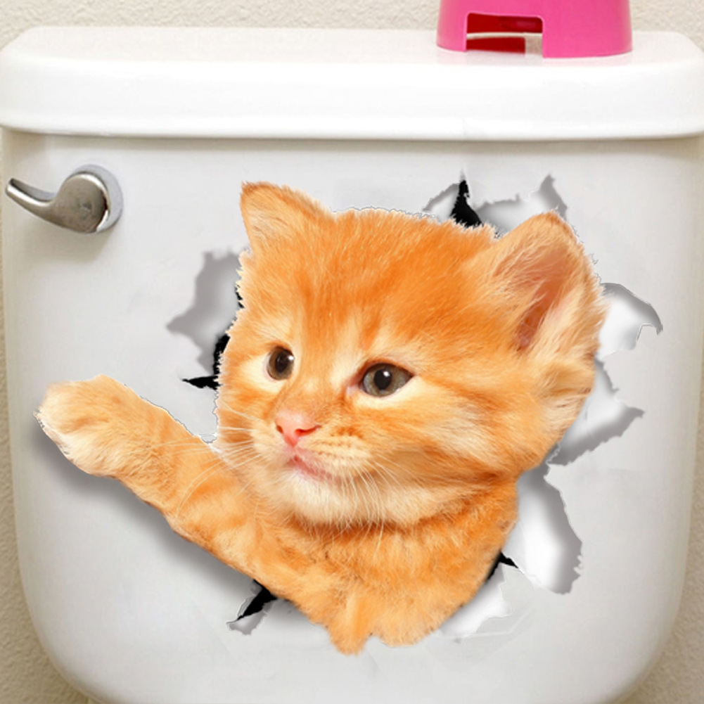 Katte 3d væg klistermærker toilet klistermærker hul visning levende hunde badeværelse til boligindretning dyr vinyl klistermærker kunst klistermærke plakat