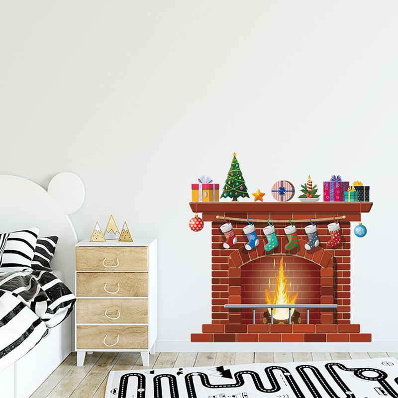 Cartoon Fireplace Wall Stickers Christmas Sticker for Living Room Kids Room Bedroom Wall Decal Home Decoration Home Decor
