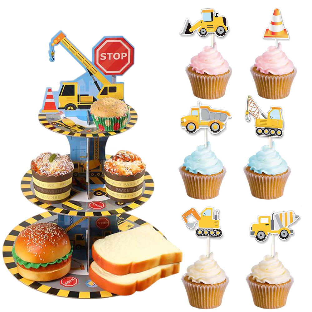Byggnadsföremål för födelsedagsmuffins, tårtdekoration, 3- vånings teknikbil, tårtfat, dessertfat för pojkar, babyshower, festtillbehör