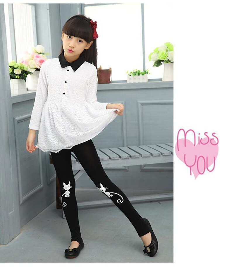 Primavera otoño chicas Leggings Skinny niños gato niños pantalón negro mallas de algodón pantalones gato patrón para flores niñas lazo elástico: cat / S(80-105CM)