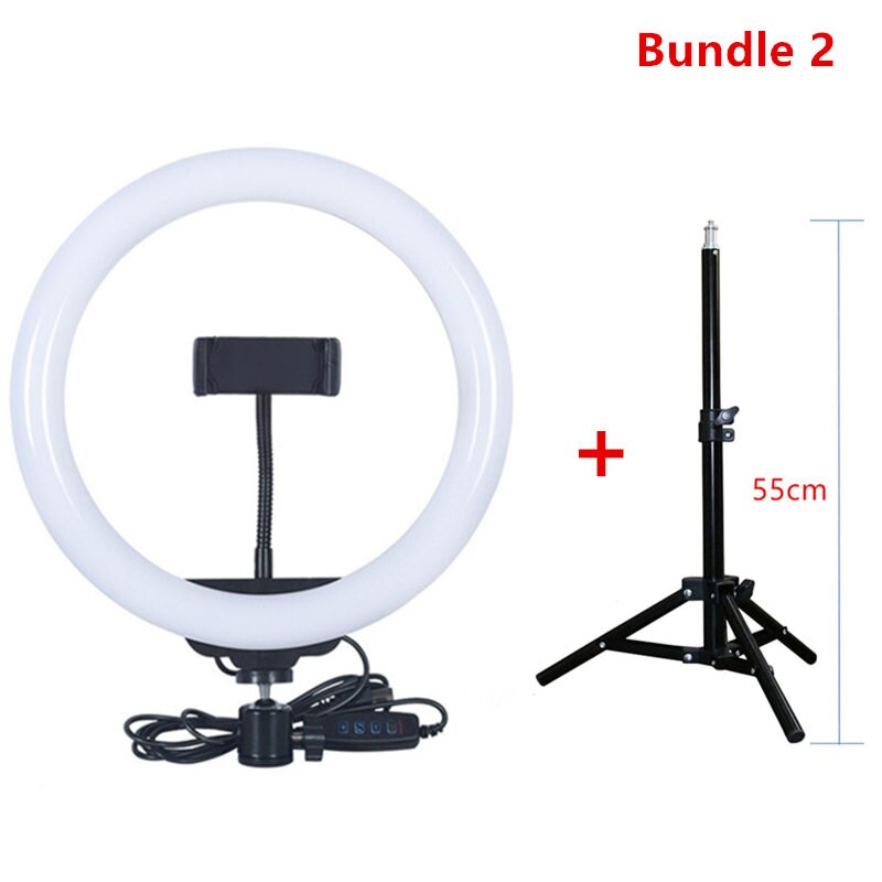 26cm/10in led selfie anel luz regulável anel lâmpada foto câmera de vídeo telefone luz para youtu vlog luz de preenchimento opcional com tripé: Bundle 2