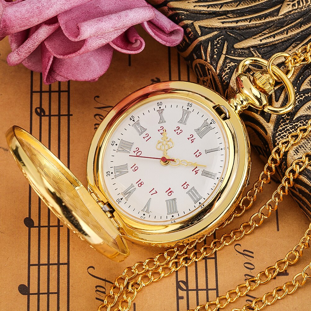 Exquisite Gold Pocket Watch Classic Roman Numeral White Dial Portable Thin Chain Quartz Pendant Clock Birthday