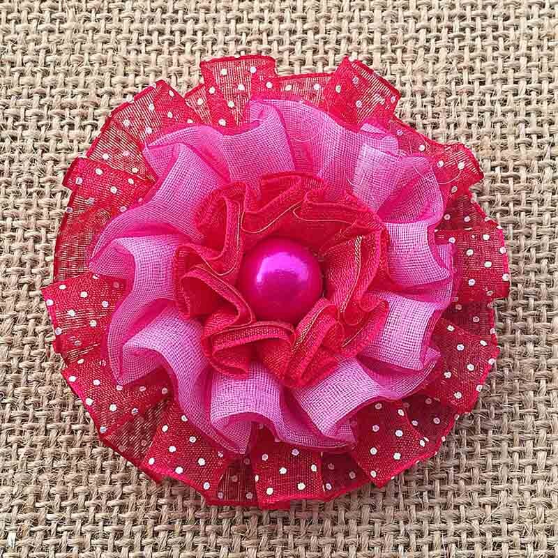2pcs Cute Yarn ruffle Ellegant Ribbon Flowers rosettes Scrunchy gum for Elastic Hair Band Girls Headwear rubber bands: Rose red