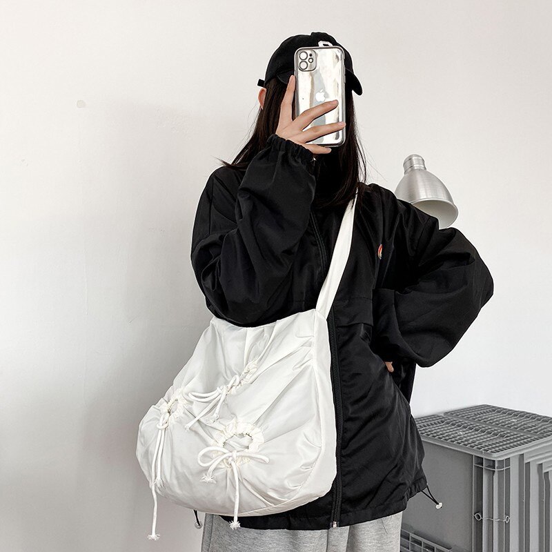 Winter Damen Große Hüfte Hop Leinwand Schulter Taschen Für Frauen Trend Große Kapazität Umhängetaschen Weibliche Handtaschen Bowknot: White