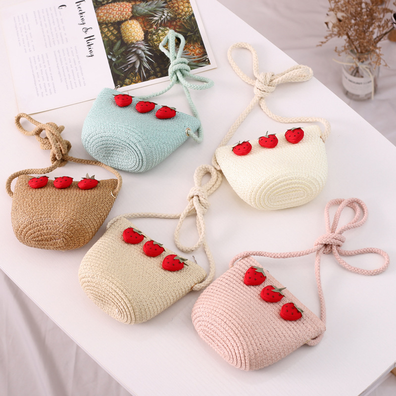 bonnet bebe fille Ensemble chapeau et sac en paille ondulé à la fraise pour fille, 2 pièces, accessoires de protection solaire pour enfants de 3 à 8 ans, printemps et été