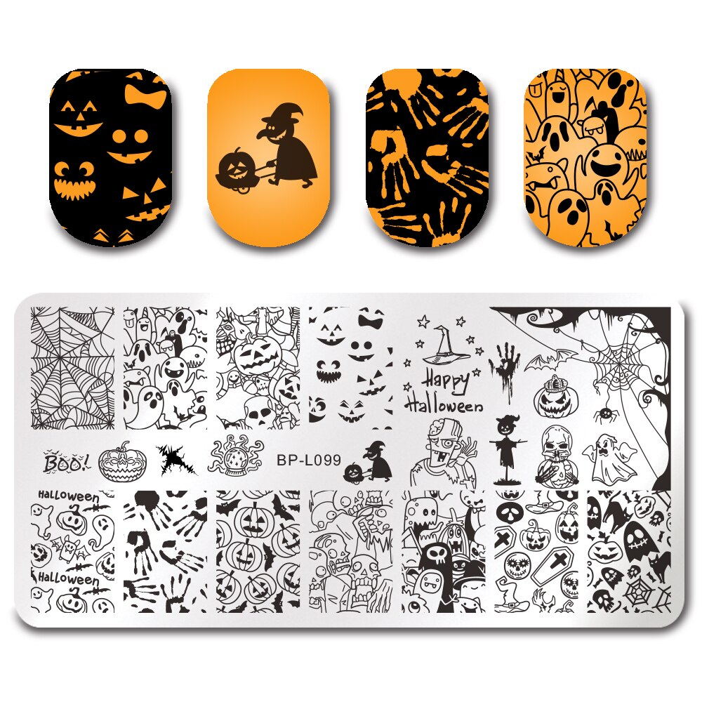 Født pen stempling plater blomster gresskar lykt flaggermus bland bilde rektangel rustfritt stål neglekunst mal halloween tema: Bp -l099