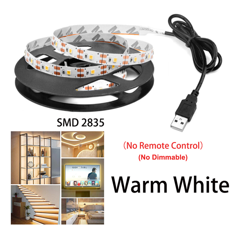 DC 5V USB tiras LED 2835 tira de luz LED blanca cálida TV espejo retroiluminación cinta de iluminación decoración de habitación lámpara cinta LED cadena de luz: Color blanco cálido / 0,5 m