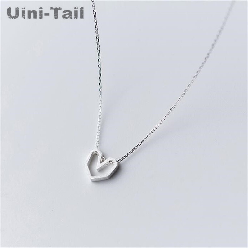 Uini-tail prata esterlina 925, design simples, formato de coração geométrico, colar, artesanal, prata escovada, alta qualidade