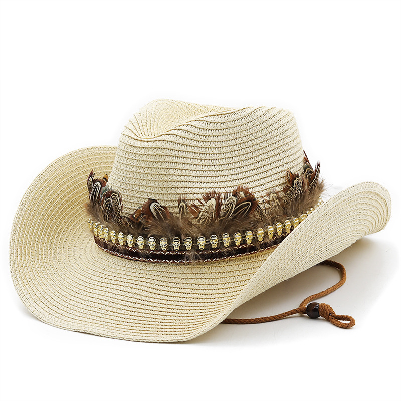 Hand Made Straw Western Cowboy Hat For Women Men Summer Curling Brim Beach Sun Hats Panama Cowgirl Jazz Cap: Beige