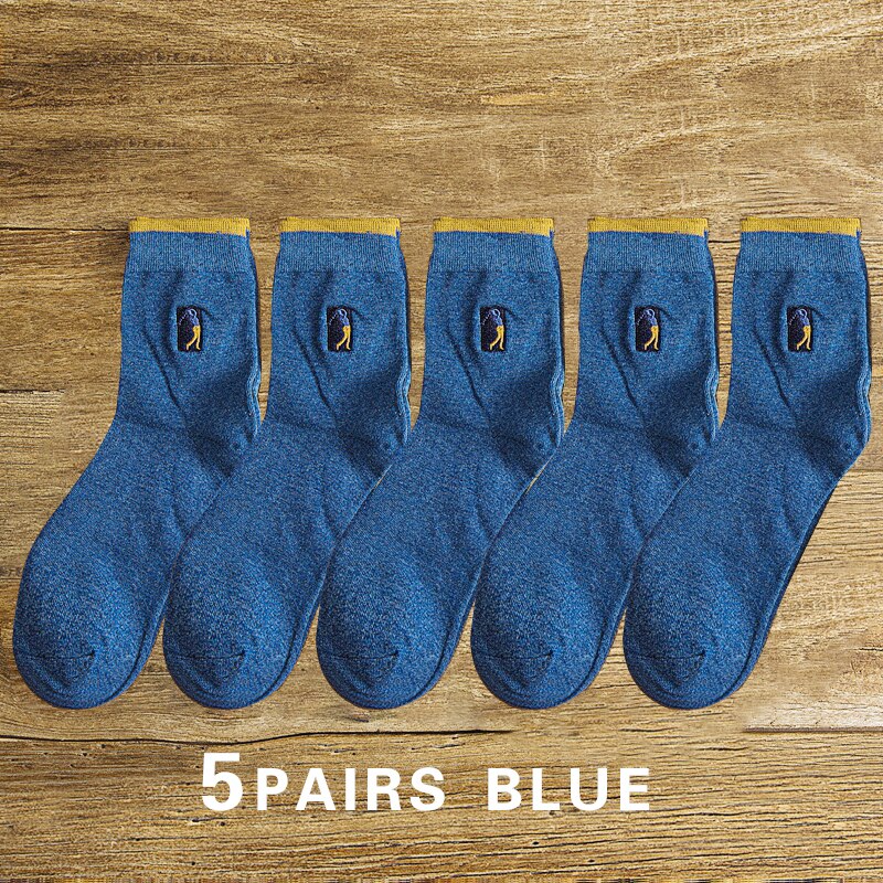 5 pairs Embroidery Men&#39;s Cotton Socks For Male Business Brand Deodorant Dress socks men&#39;s Outdoor Baseball Socks: 5 pairs blue