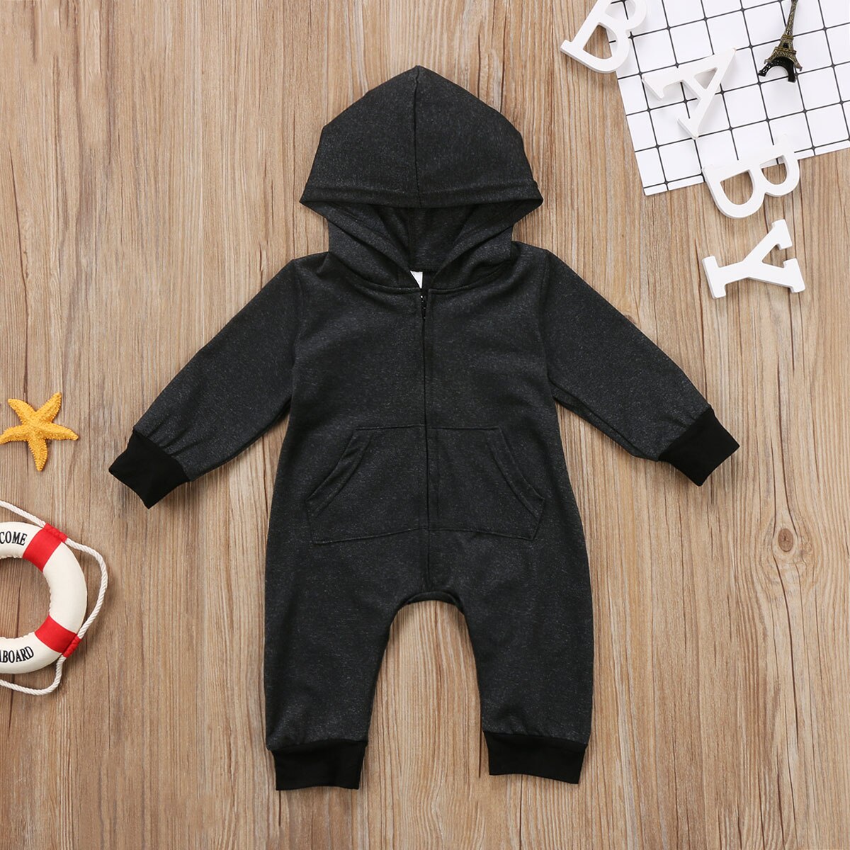Solid Lange mouwen Rits Up Hooded Jumpsuit Rompertjes Voor Baby Boy