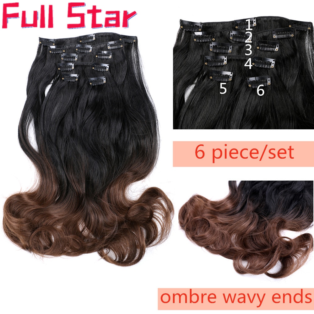 La estrella de 6 piezas de 22 "Ombre Clip en extensiones de cabello pelo sintético negro a Marrón castaño destacar negro para las mujeres blancas