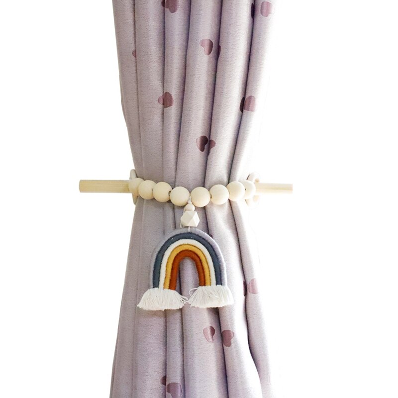 Rideau à perles en bois avec pompon arc-en-ciel 270F, fait à la main, bohème, corde, porte-rideau perlé, ferme, Boho