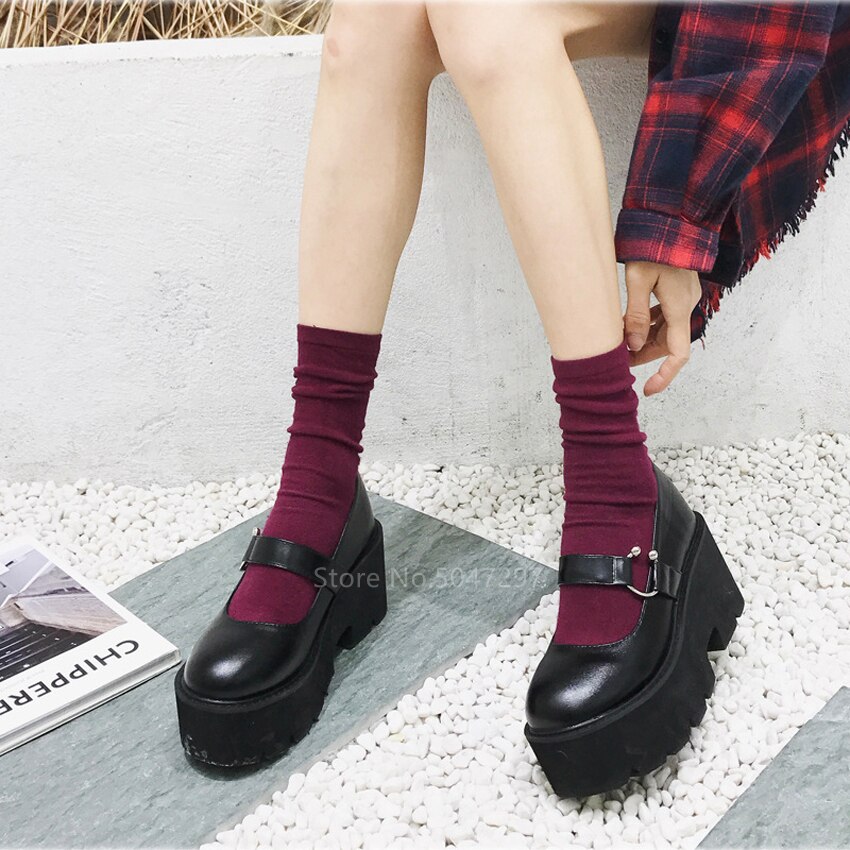 Zapatos de plataforma góticos japoneses para mujeres Harajuku Lolita chicas Kawaii estudiante de la Universidad JK punta redonda uniforme Sandalias de tacón alto PU
