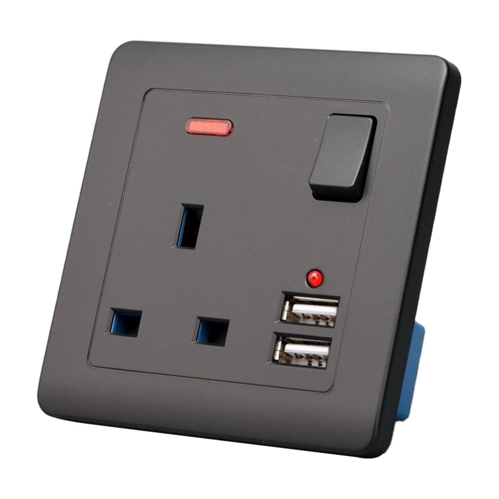 Electrical Wall Socket UK Plug with 2 USB Port Outlets Plate Universal Black