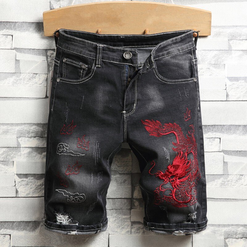 Pantalones vaqueros negros con bordado para hombre, Vaqueros elásticos hasta la rodilla con agujero rasgado, corte holgado, informales, rectos, de verano: 31