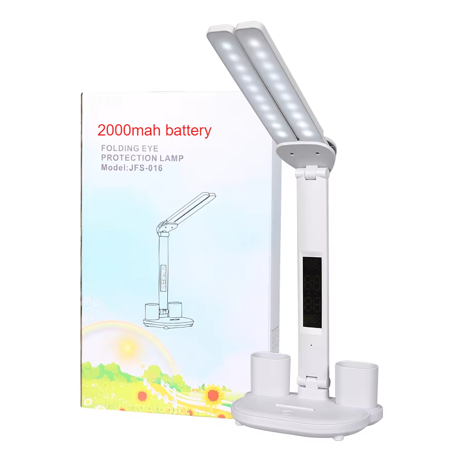Lampada da tavolo a portato Lampada da scrivania dimmerabile ricaricabile USB a doppia testa con orologio calendario Protezione per gli occhi pieghevole Luce notturna da lettura: Blu