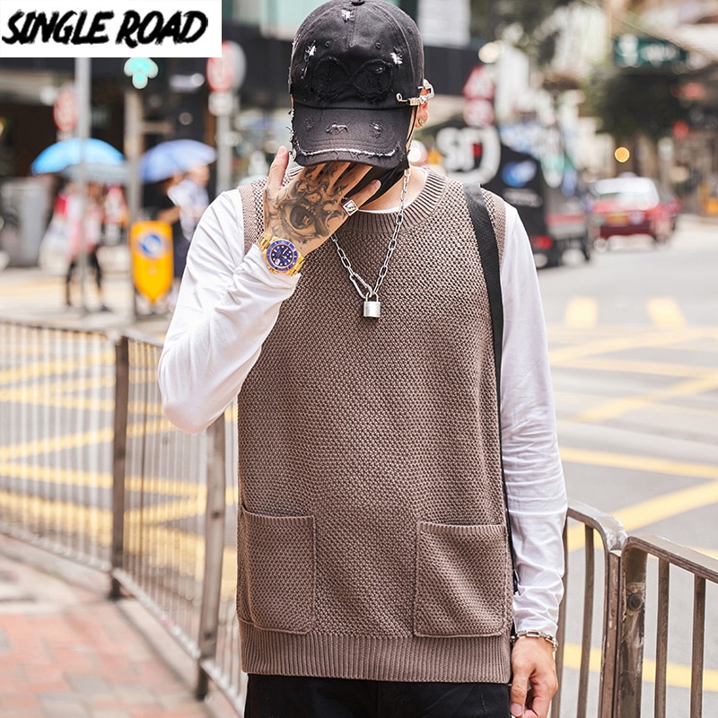 Singleroad oversized herre strikket genser vest herre vester harajuku hip hop gensere koreansk khaki ermeløs genser herre