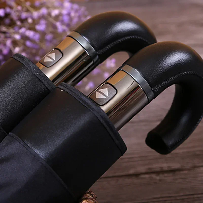 British Leather Handle Umbrella Men Automatic Business 10Ribs Strong Windproof 3 Folding Big Umbrella Rain Woman Parasol: Blue