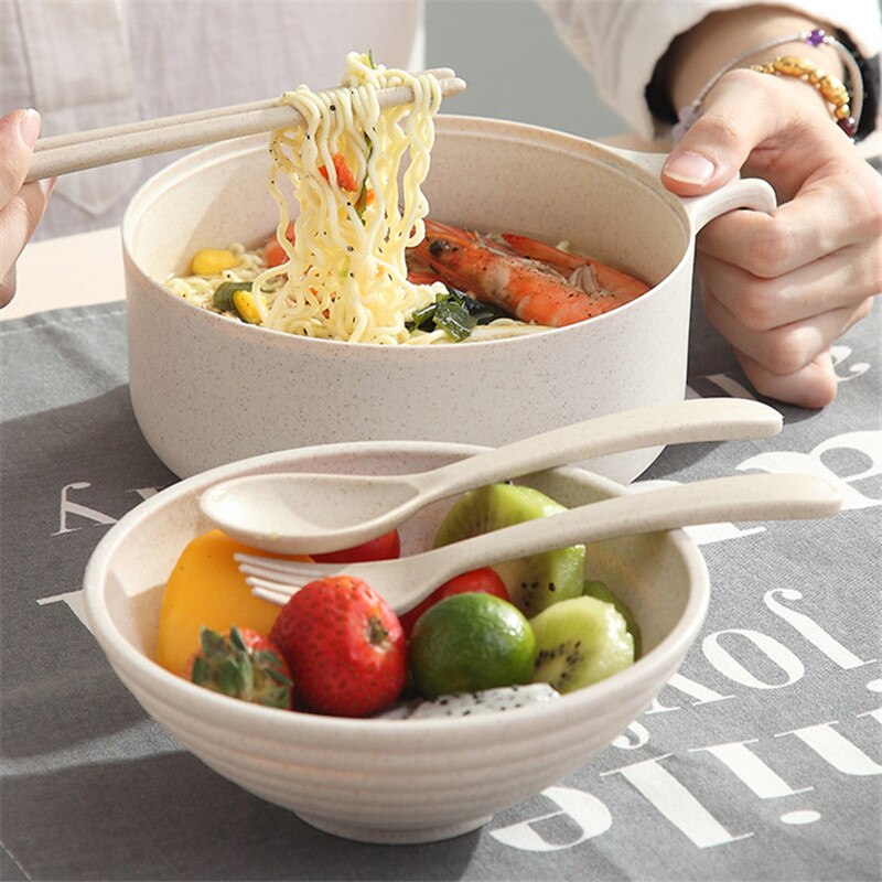 Cuenco de paja de trigo y fideos de estilo japonés, juego de vajilla ecológico con tapa y mango, tazón de sopa, tazón de arroz para ensalada y microondas