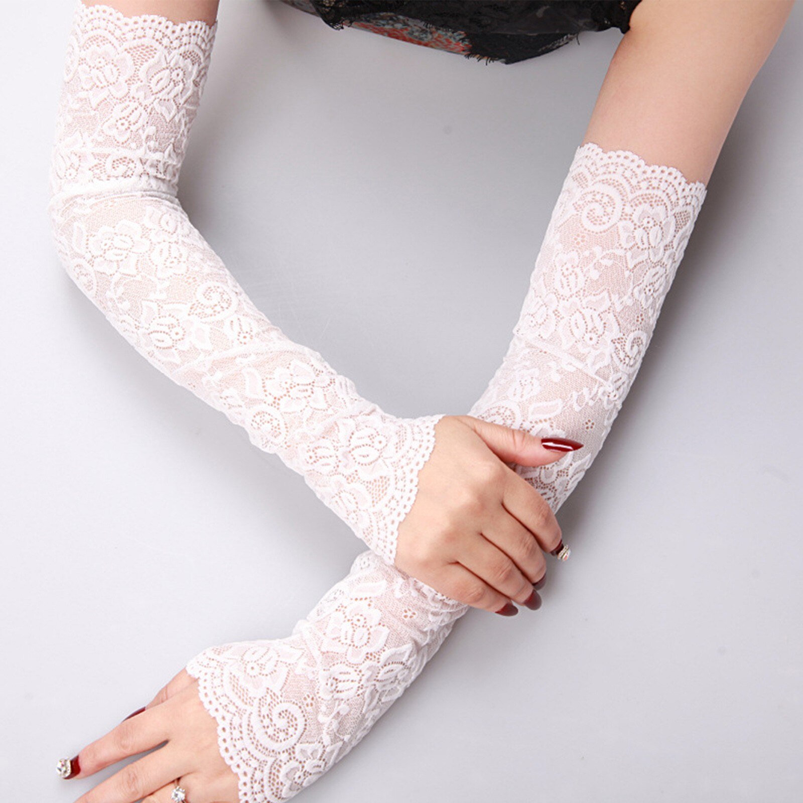 Manchon de bras en dentelle pour femmes, Protection Uv classique, manchettes de bras en dentelle, gants de conduite sans doigts: White