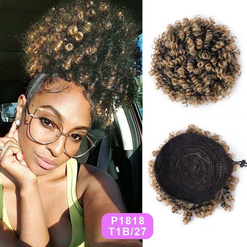BEAUTY PROS High Puff Afro Curly Wig Ponytail Drawstring Short Afro Kinky Chignon Bun Hairpiece Pony Tail Clip In on: P1818-T1B-27