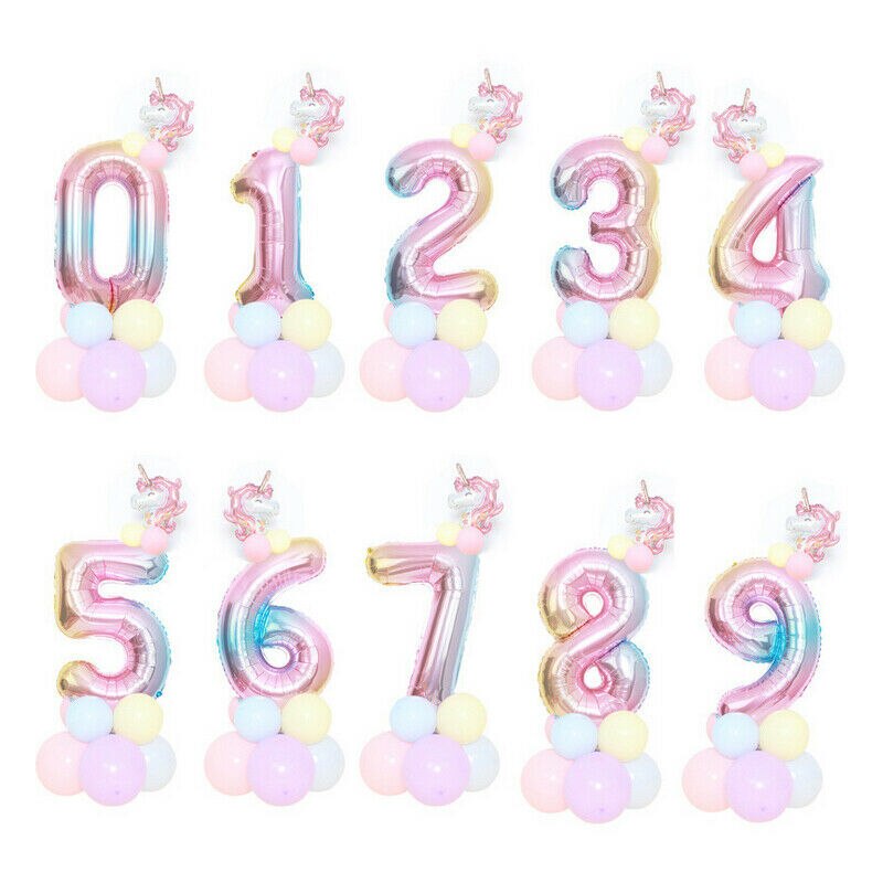 32'' Giant Number Foil Latex Balloon Rainbow Happy Birthday Kids Favor Unicorn Party Decor Gender Reveal Baby Shower Girl