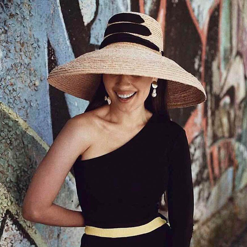 Sombrero de rafia para mujer, de 4,7 de ala ancha sombrero de paja grande &quot;, con cordones, flexible, para playa, para el sol, plegable, Derby de viaje,