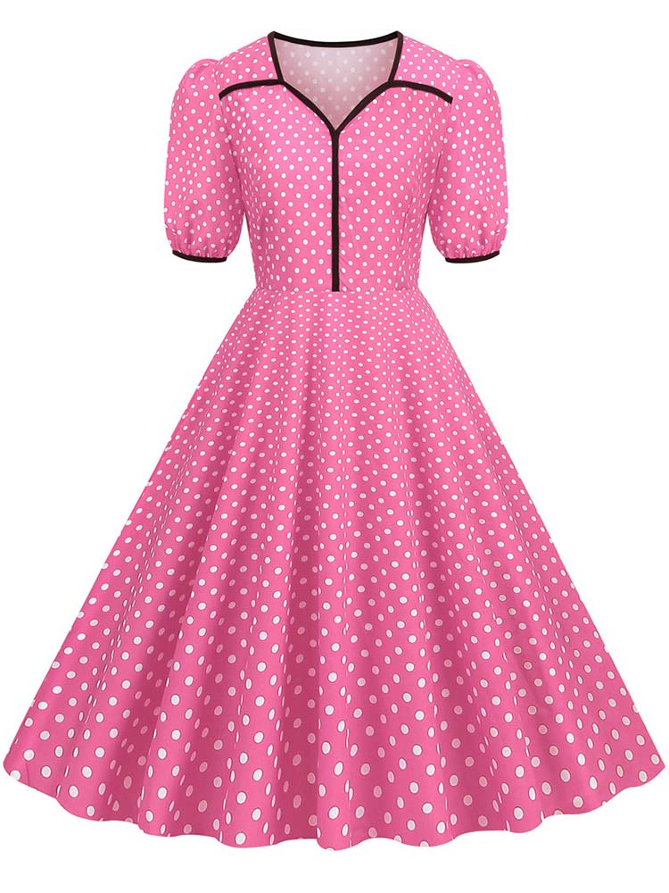 Women's V-neck Summer Dress Polka Dot Print Slim Fit Swing Short Sleeve Party Sundress Robe: S / Pink