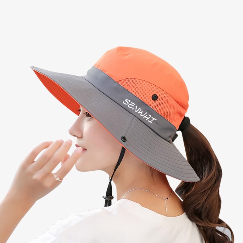 Hiking Caps Bucket Hat Wide Brim Quick Drying Breathable Foldable Sunshade Sun Ponytail Cap With Chin Strap: Orange