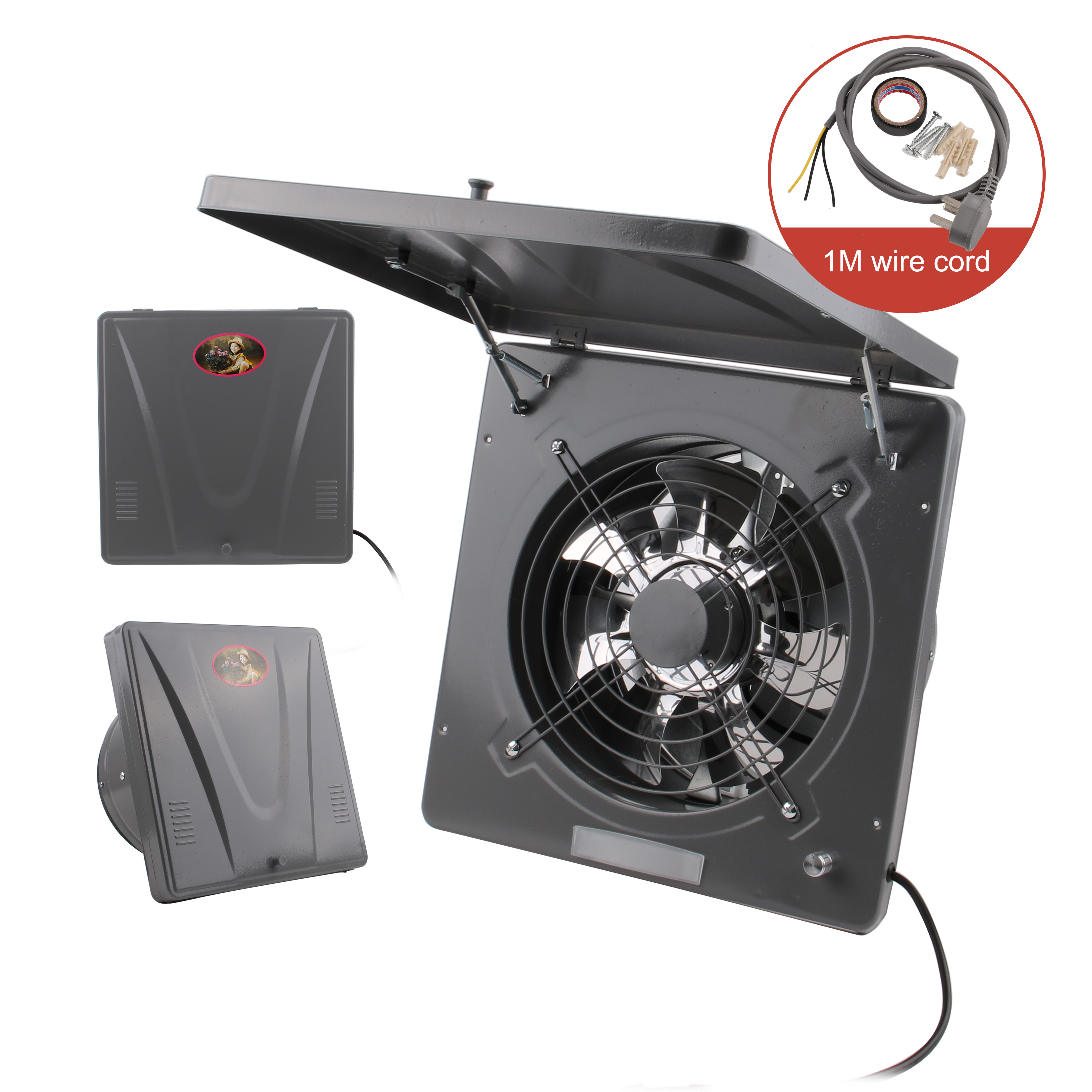 Extractor de aire de ventilación de humo para cocina y barbacoa, potente extractor de aire montado en la pared de 10 pulgadas, con tapa abatible, 220V: Grey