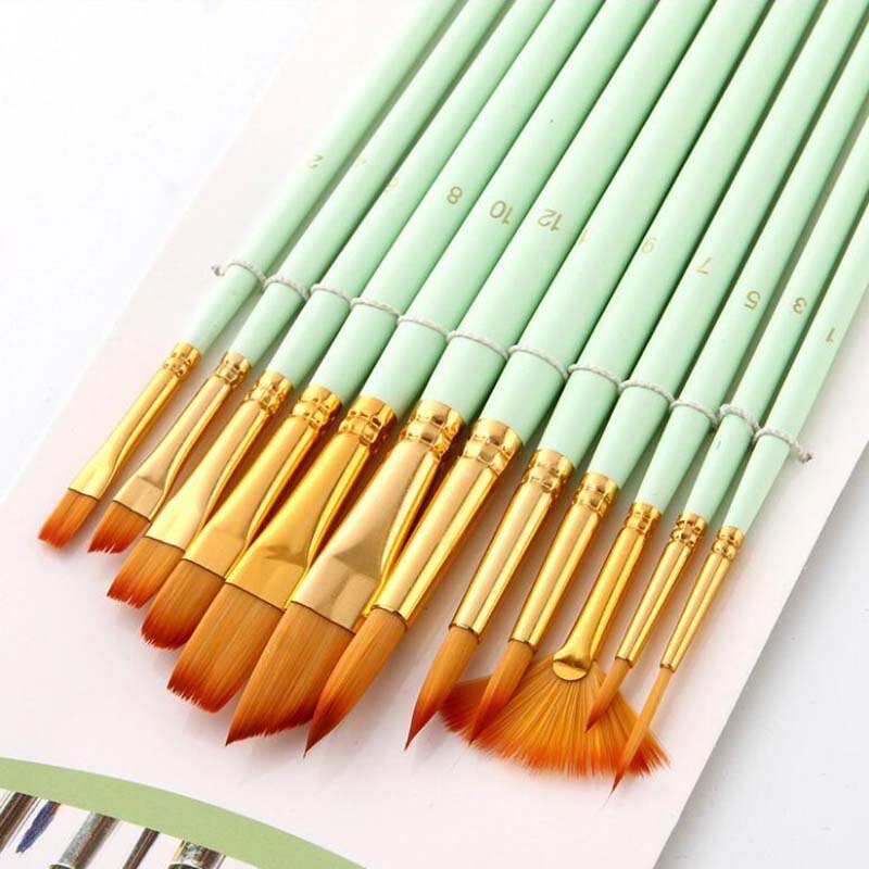 art supplies nylon paint brush set with fan-shaped watercolor pen set 12pcs/set: green